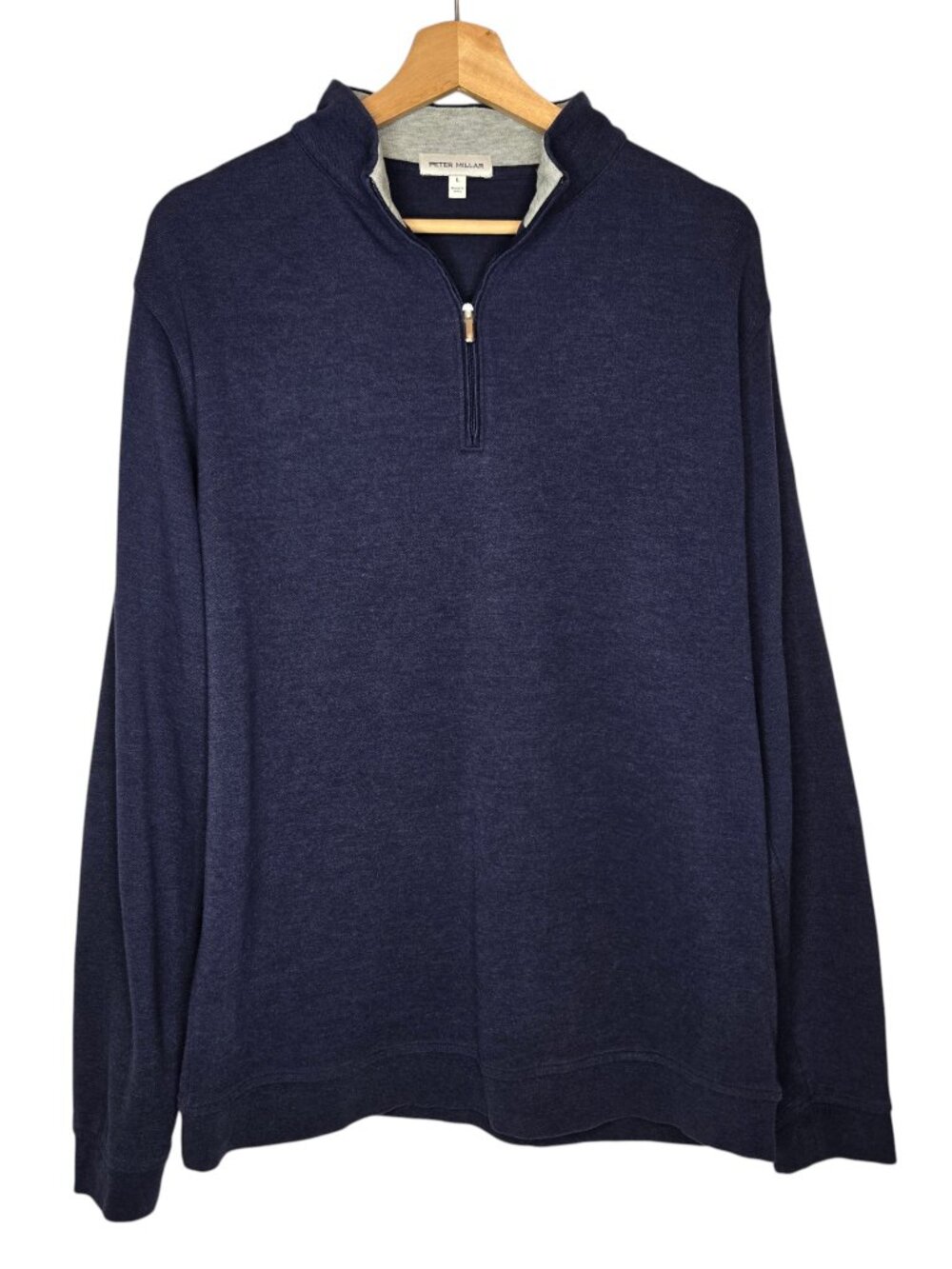 Peter Millar Crown Comfort Pullover Sweater Mens Navy‎ Knit FLAW Arm Spell Out L